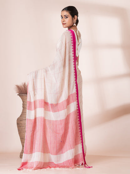 White with Red and Maroon Border Handloom Mul Cotton Saree