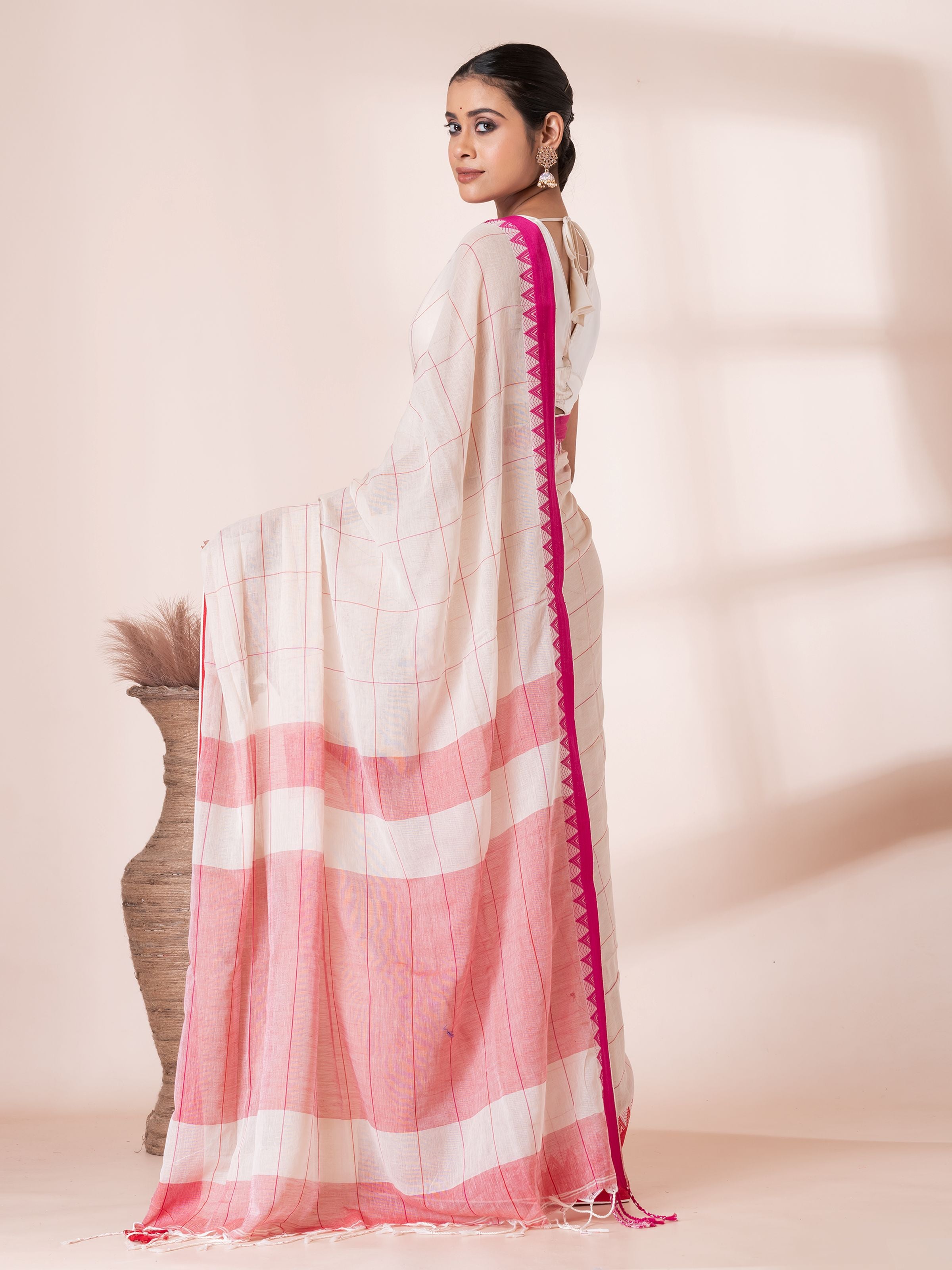White with Red and Maroon Border Handloom Mul Cotton Saree