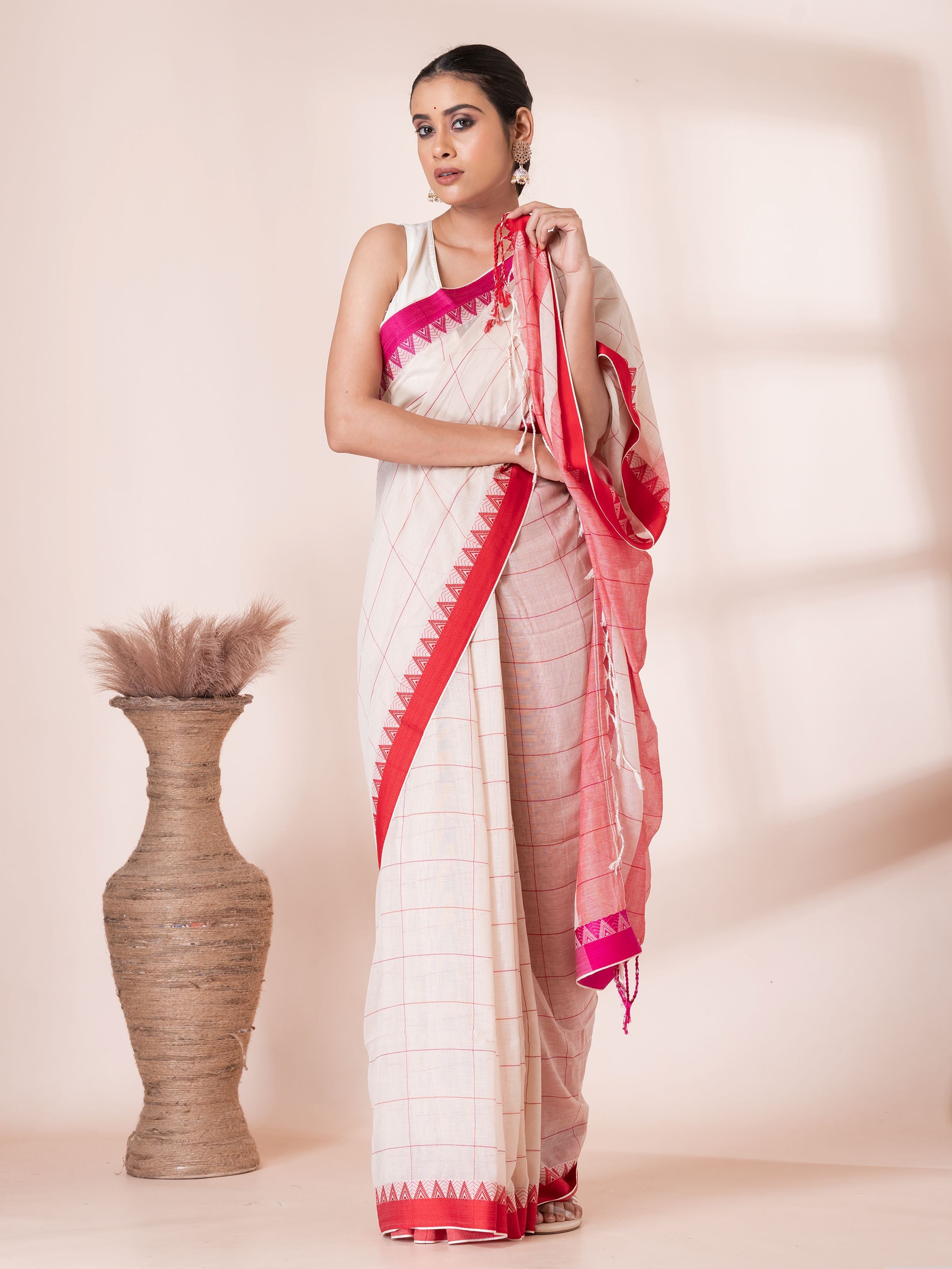 White with Red and Maroon Border Handloom Mul Cotton Saree