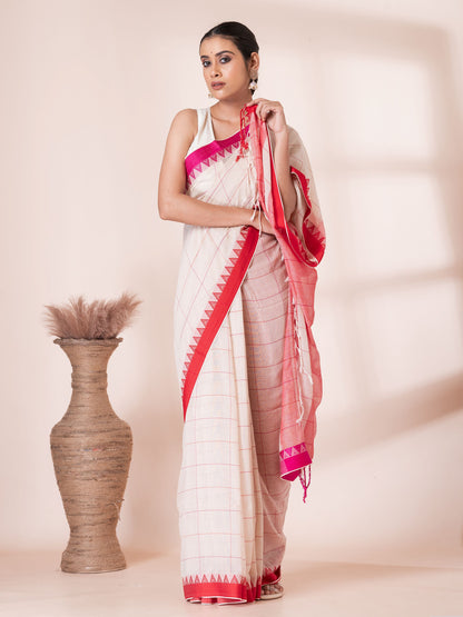 White with Red and Maroon Border Handloom Mul Cotton Saree