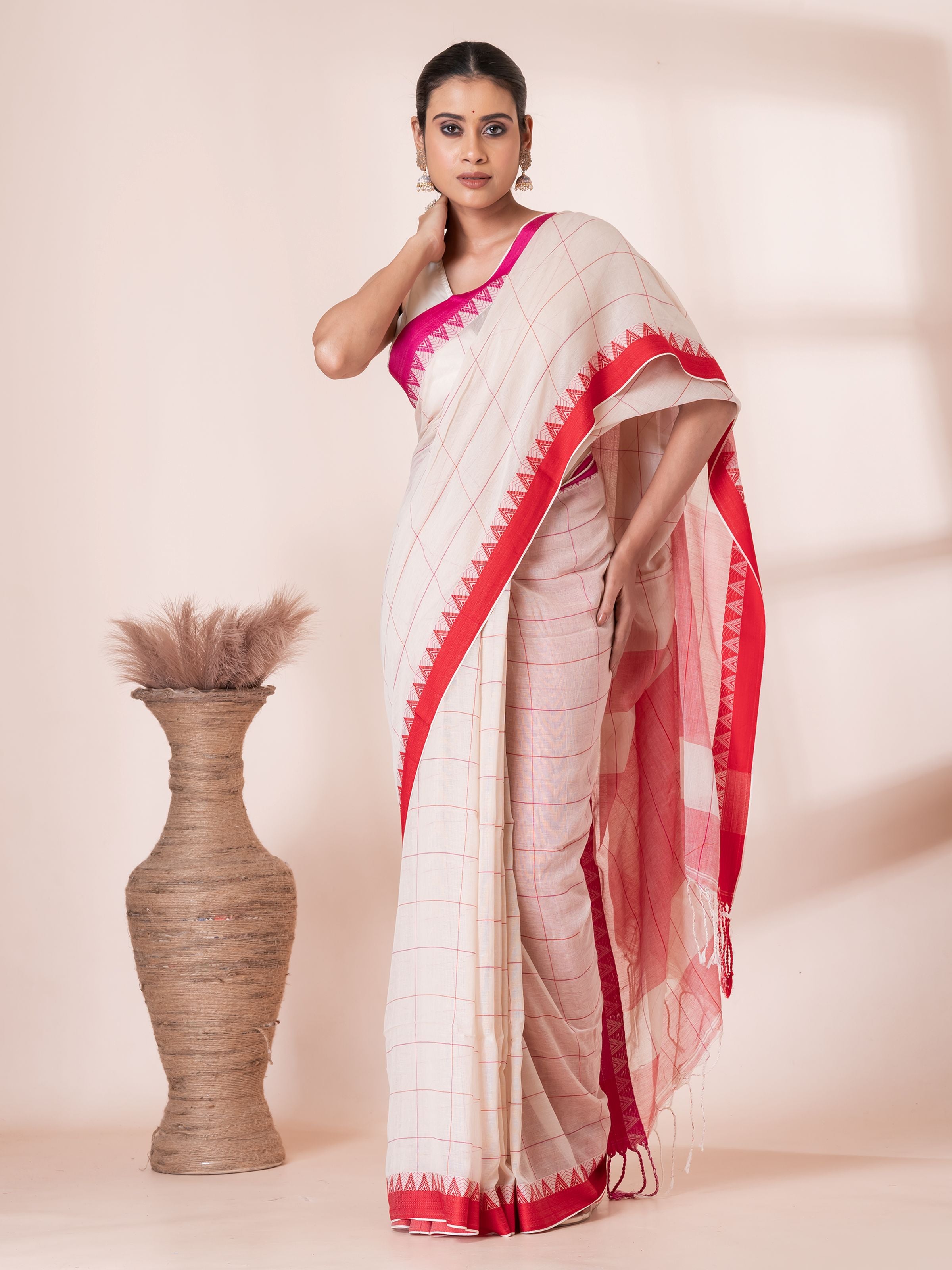White with Red and Maroon Border Handloom Mul Cotton Saree