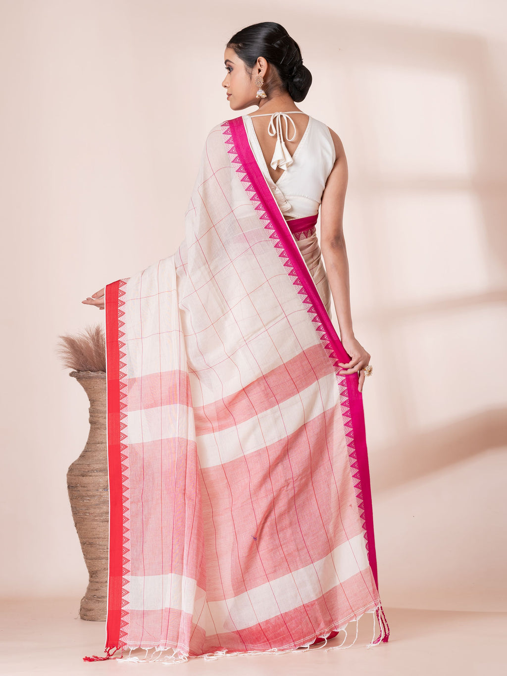 White with Red and Maroon Border Handloom Mul Cotton Saree