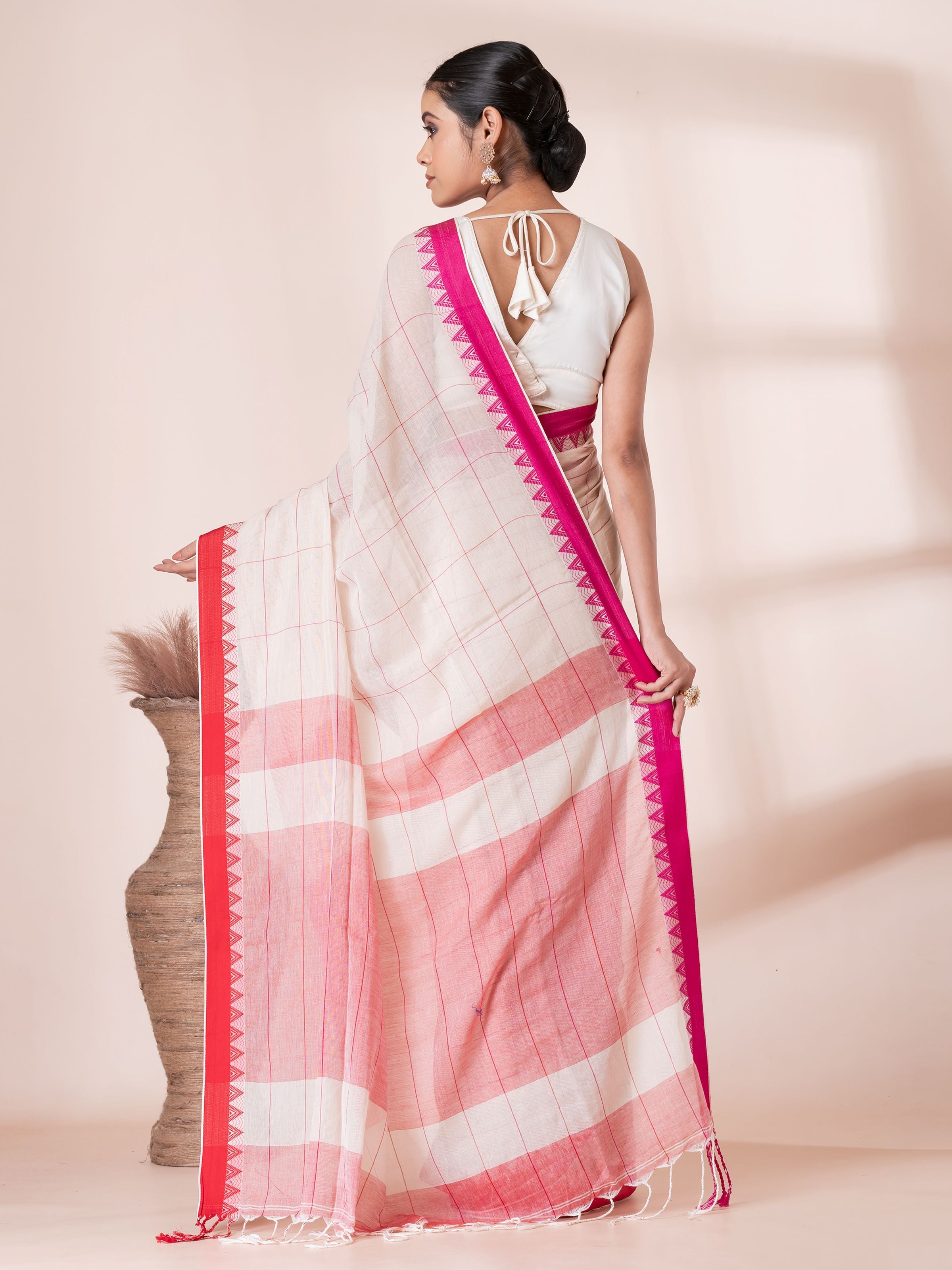 White with Red and Maroon Border Handloom Mul Cotton Saree