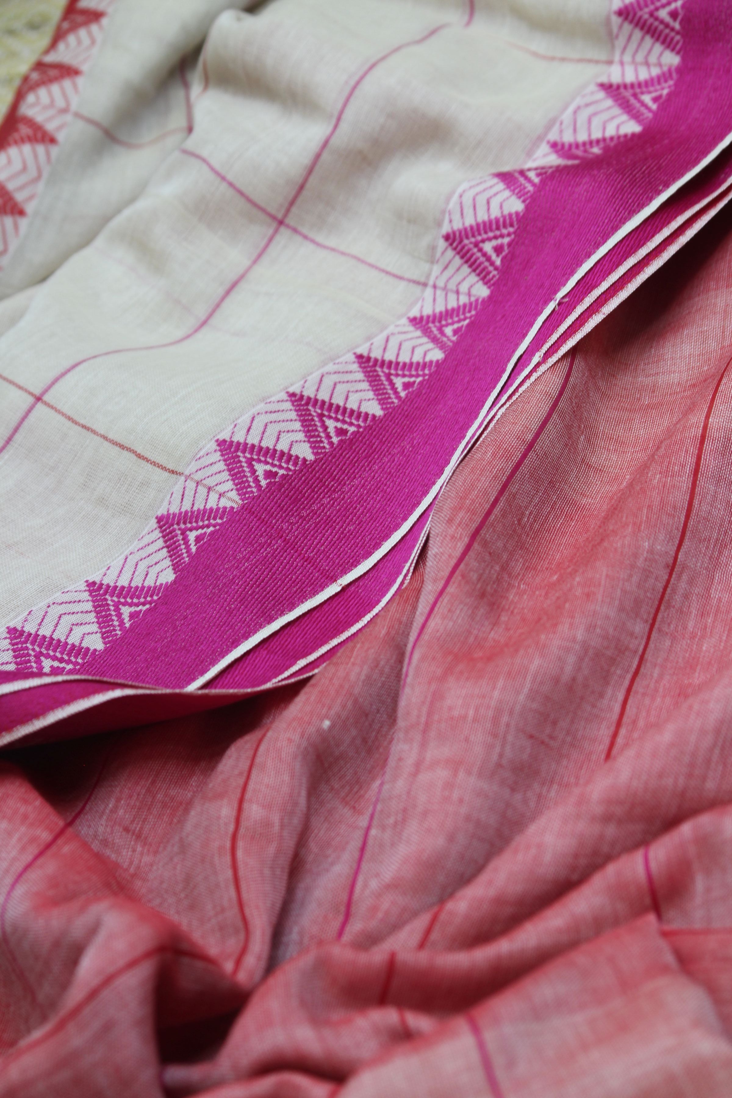 White with Red and Maroon Border Handloom Mul Cotton Saree