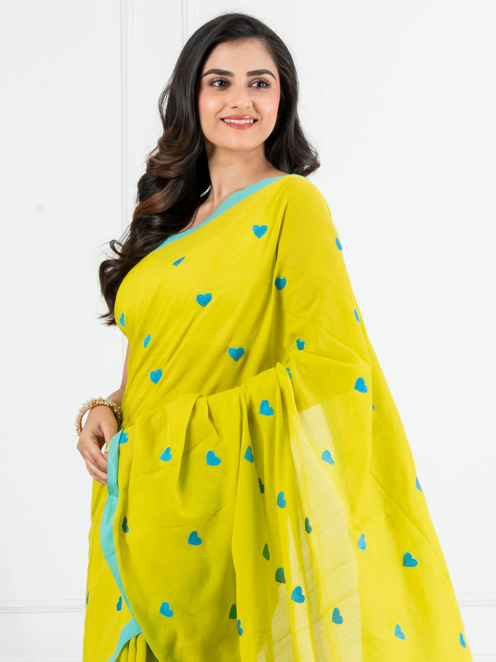 Yellow Body Blue Heart Motifs Cotton Saree