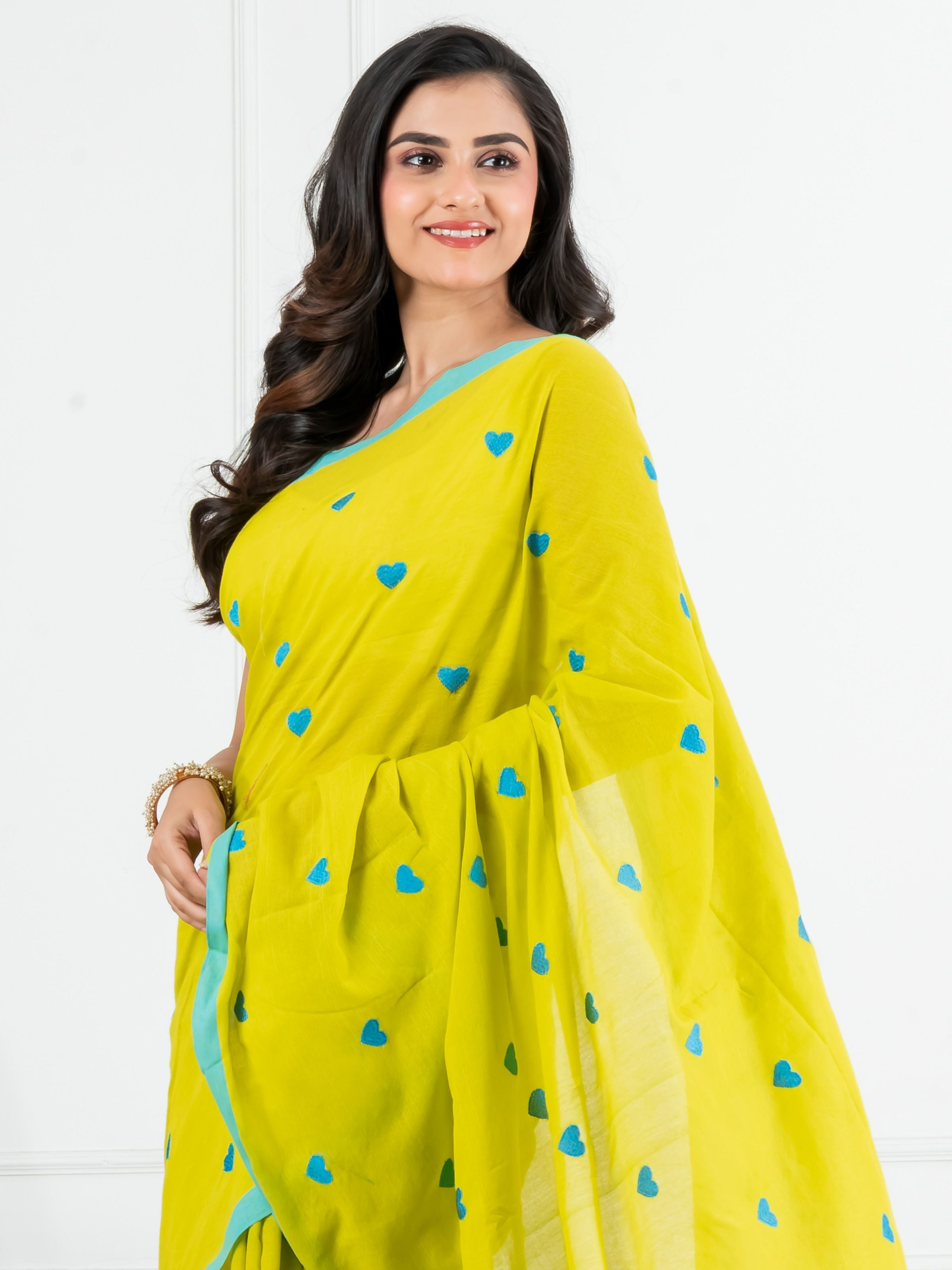 Yellow Body Blue Heart Motifs Cotton Saree