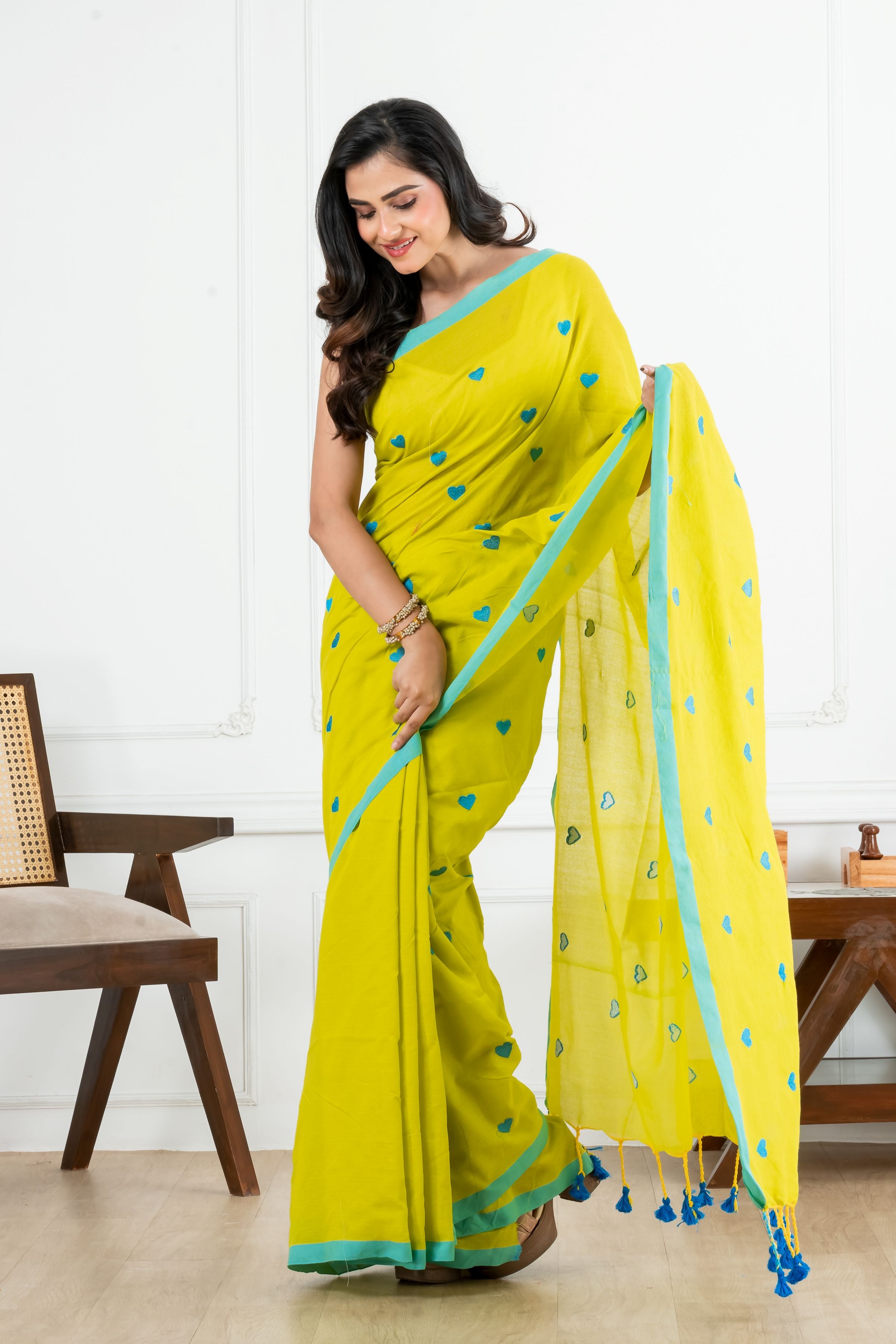 Yellow Body Blue Heart Motifs Cotton Saree