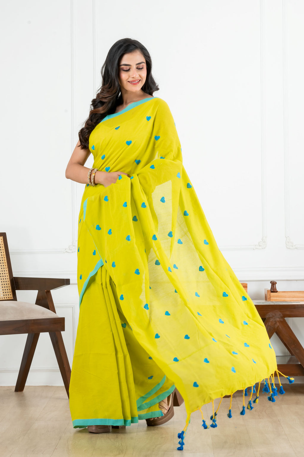 Yellow Body Blue Heart Motifs Cotton Saree