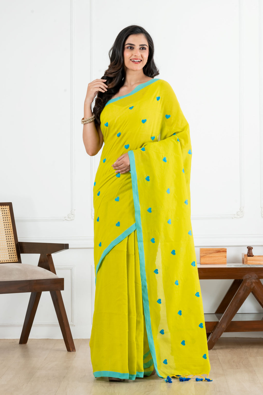 Yellow Body Blue Heart Motifs Cotton Saree