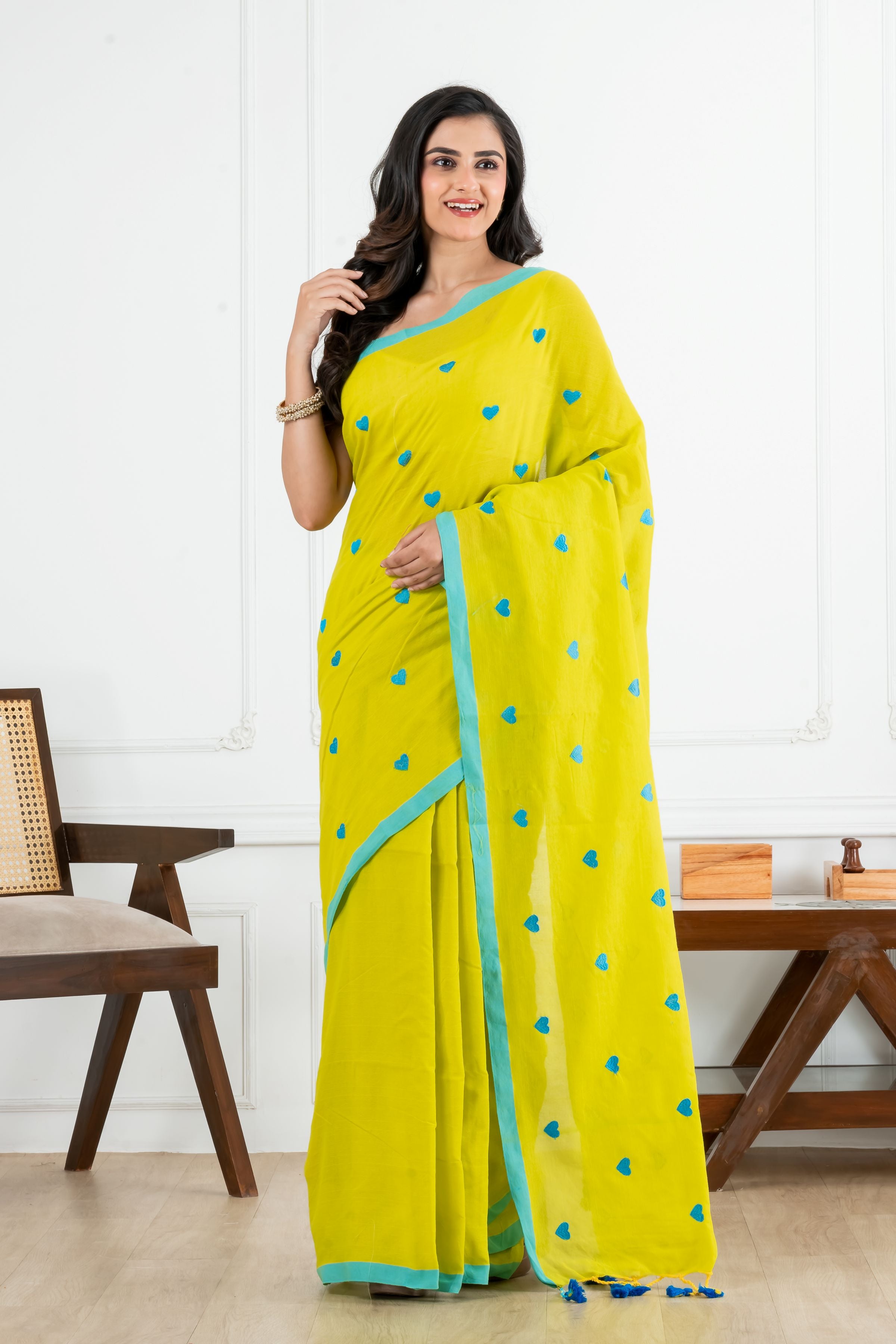 Yellow Body Blue Heart Motifs Cotton Saree