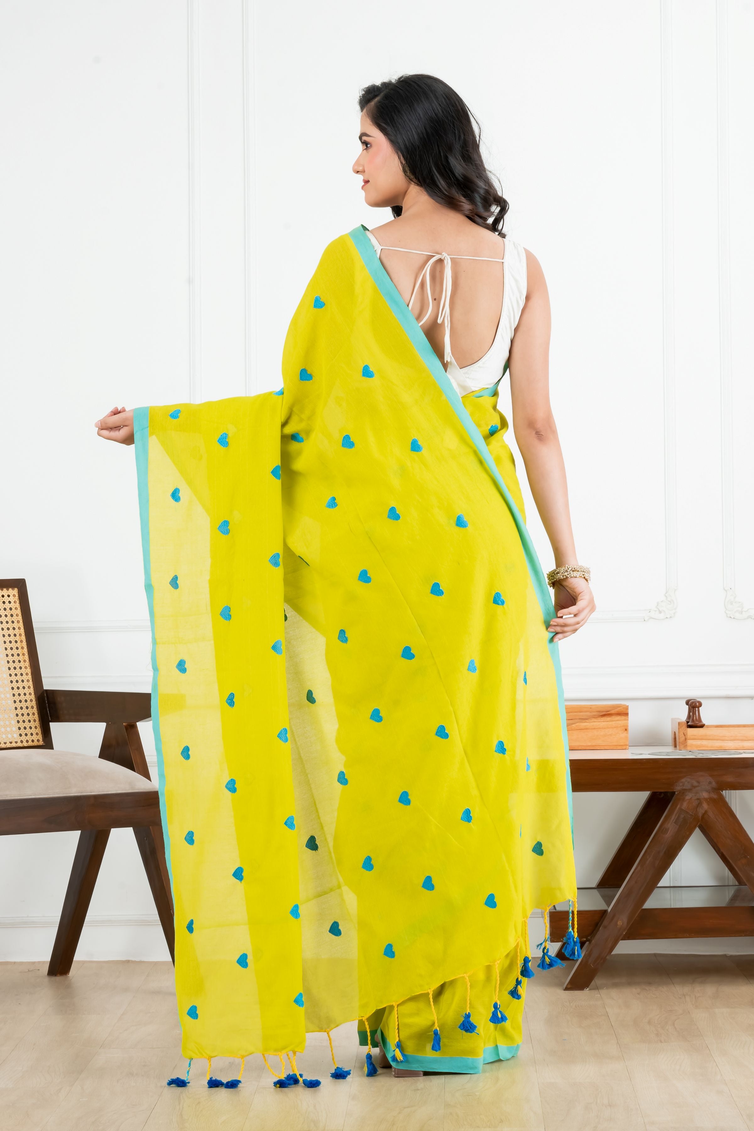 Yellow Body Blue Heart Motifs Cotton Saree