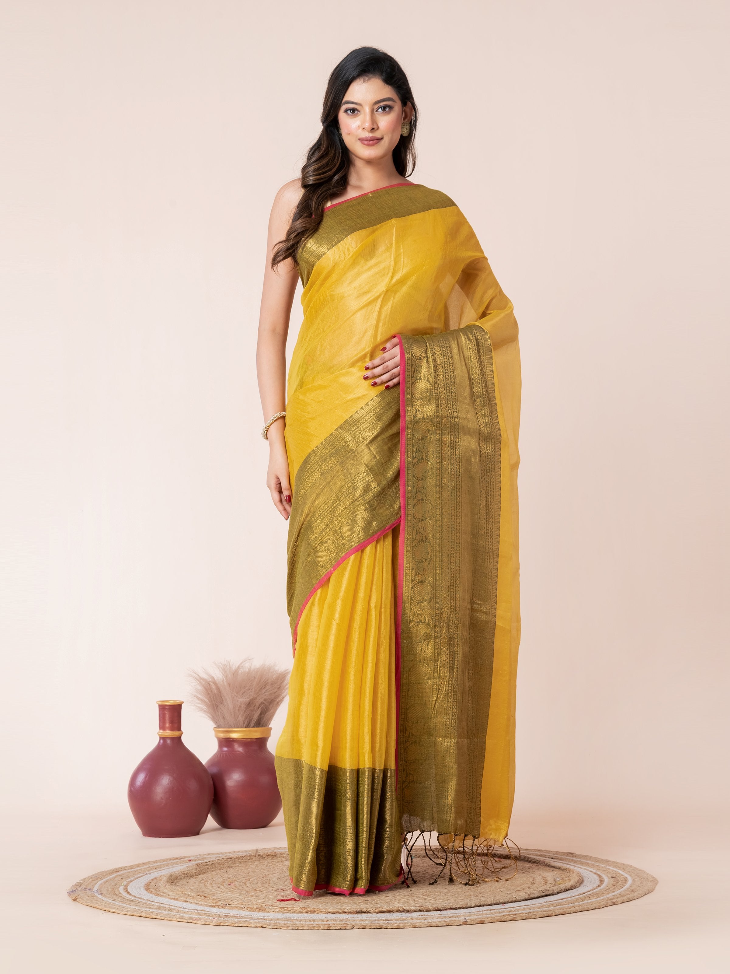 Yellow Tissue Zari Border Saree