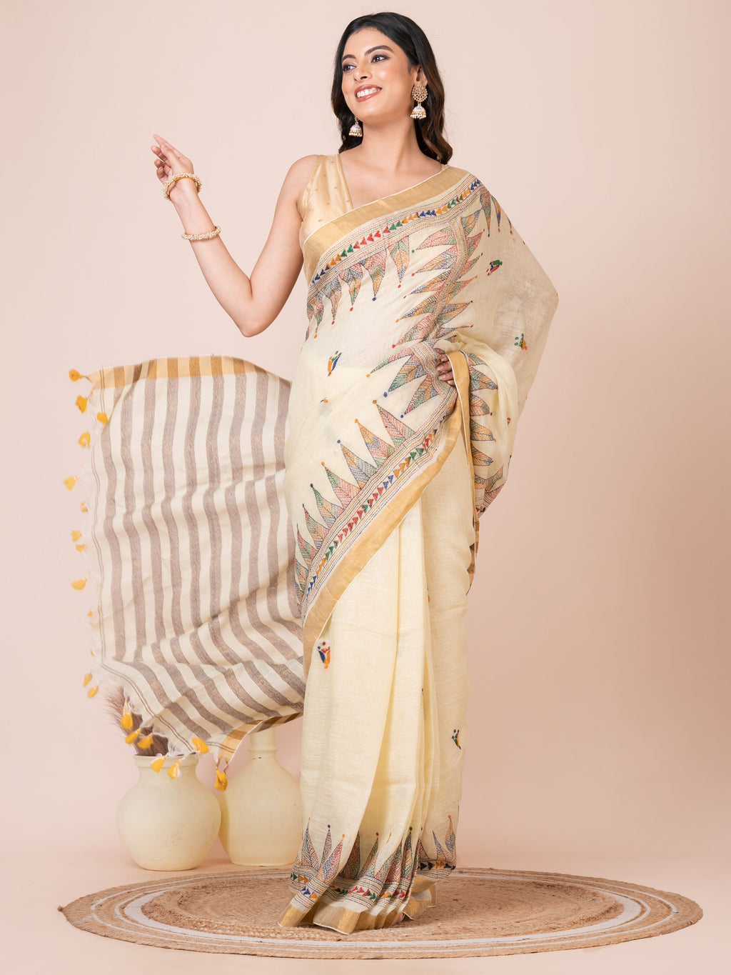 Yellowish White Temple Handloom Kantha Linen Saree