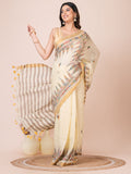 Yellowish White Temple Handloom Kantha Linen Saree