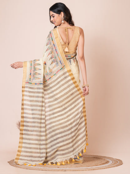 Yellowish White Temple Handloom Kantha Linen Saree