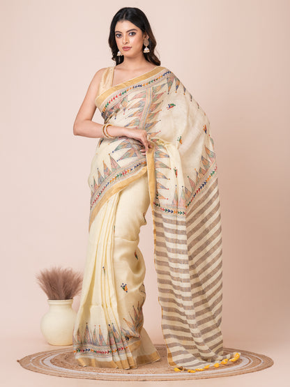 Yellowish White Temple Handloom Kantha Linen Saree