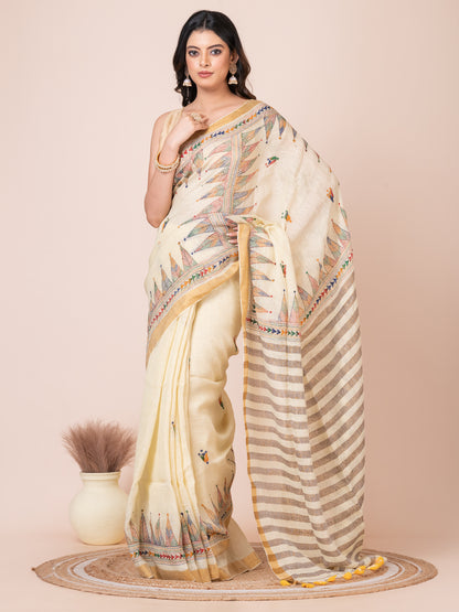 Yellowish White Temple Handloom Kantha Linen Saree