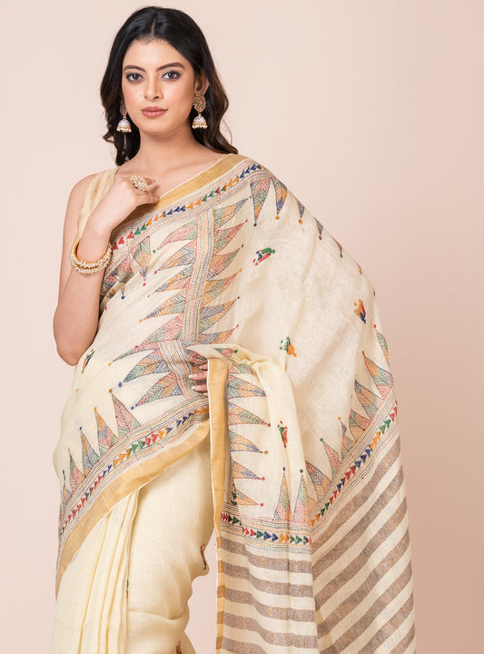 Yellowish White Temple Kantha Linen Saree